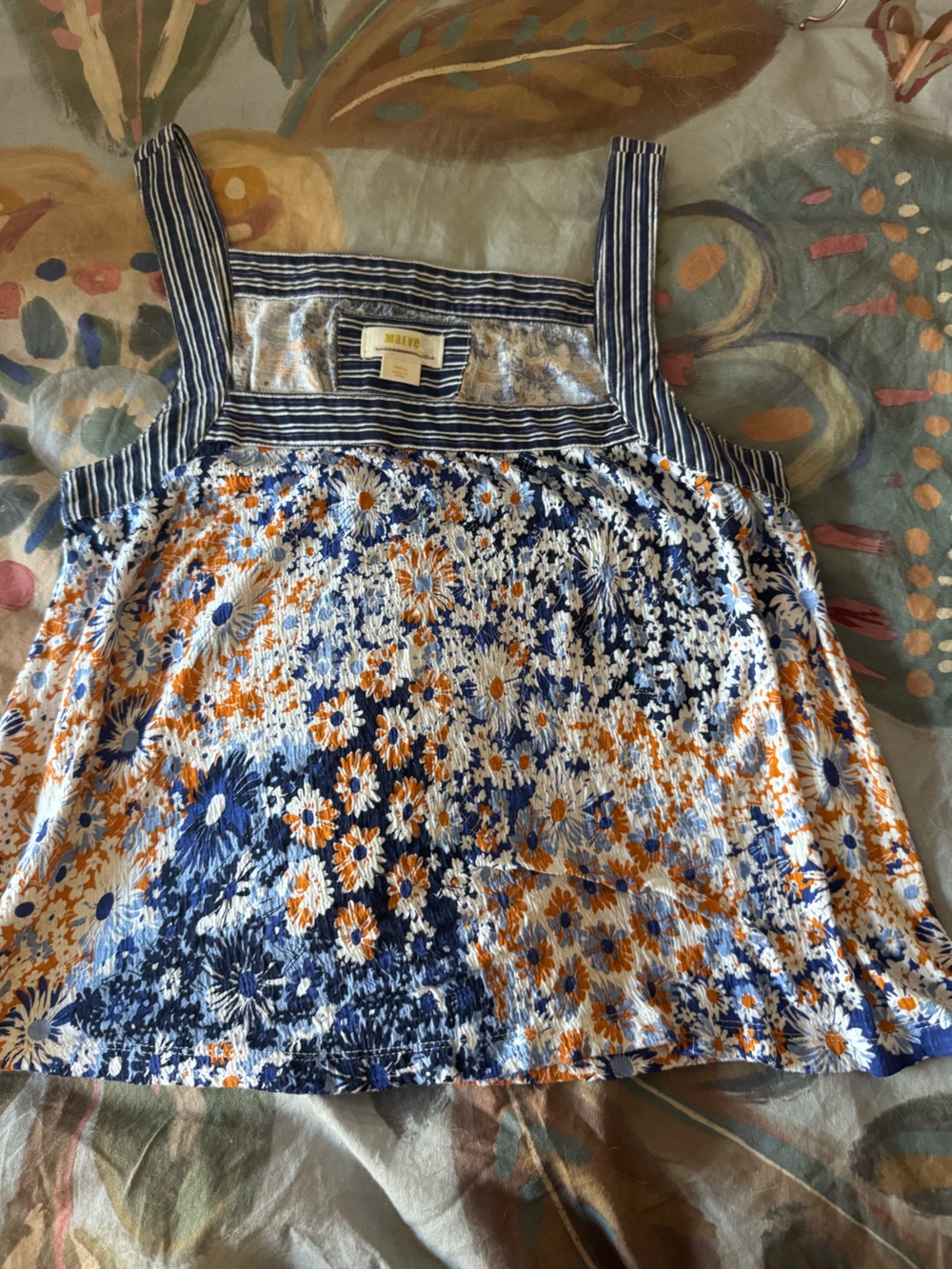 Anthropologie Maeve Blue & Orange Floral Square-Neck Tank Top